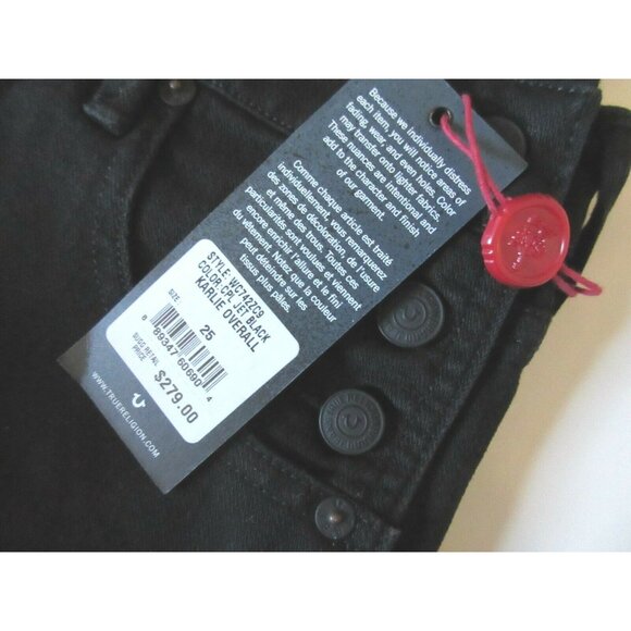 NWT True Religion Karlie in Jet Black Denim Overall Flare Jeans 25 x 34 $279 - Picture 11 of 12